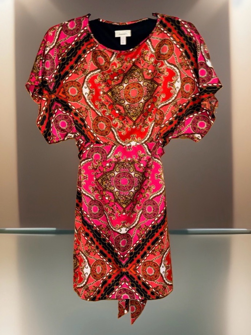 Dressbarn Women’s Pink and Red Medallion Print Short Sleeve Dress-6-EC